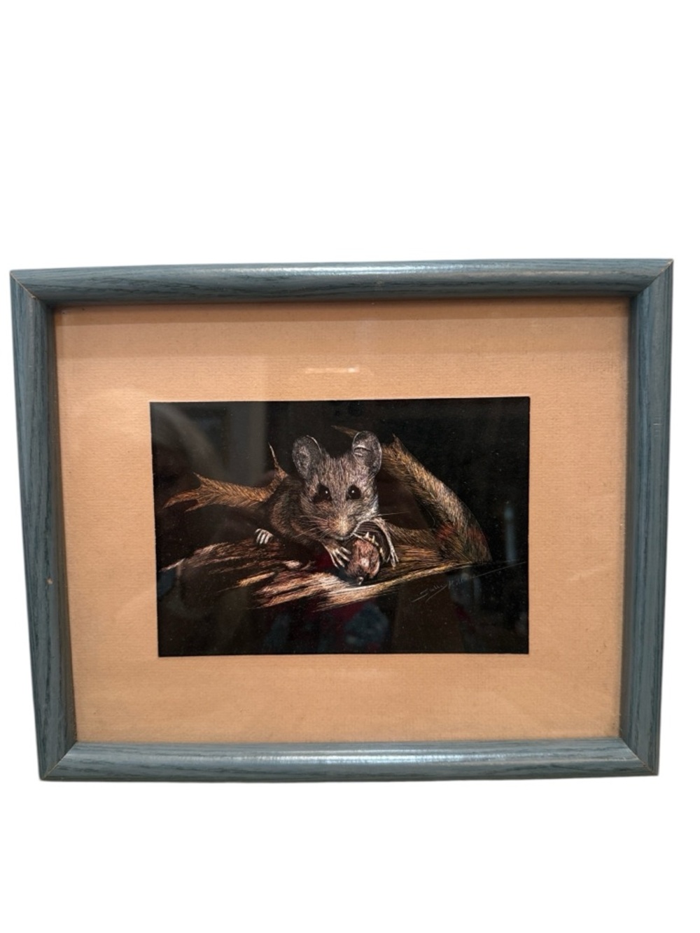 Vintage Sally Miller (Maxwell) Scratchboard Art Mouse Print Forestcore Woodland